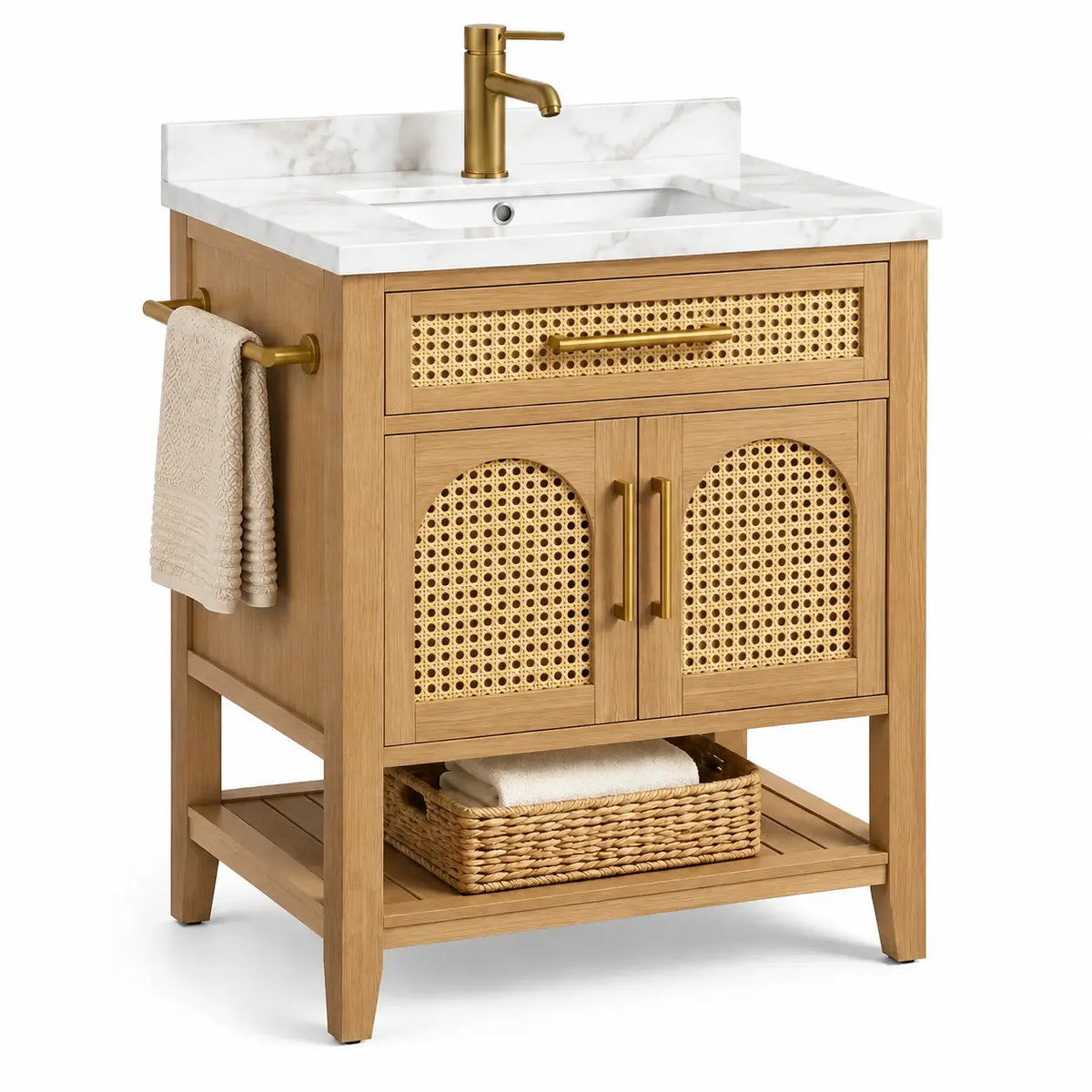 Meuble vasque beige à portes ajourées et tablette basse