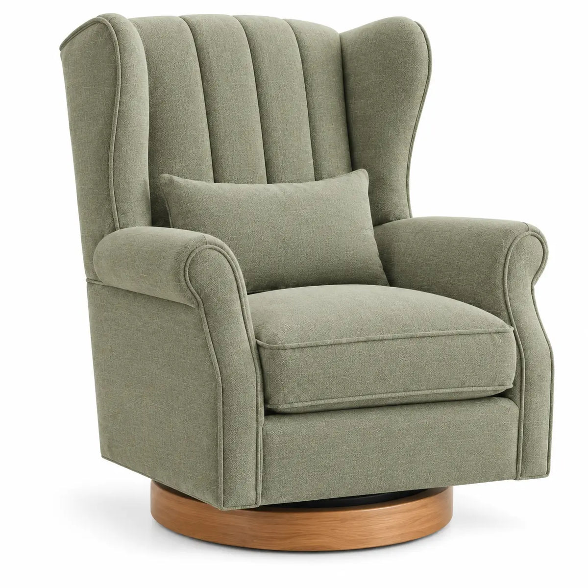 Fauteuil vert à haut dossier rainuré et socle rond beige