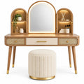 Coiffeuse beige et crème avec miroir arqué, niches et pouf assorti