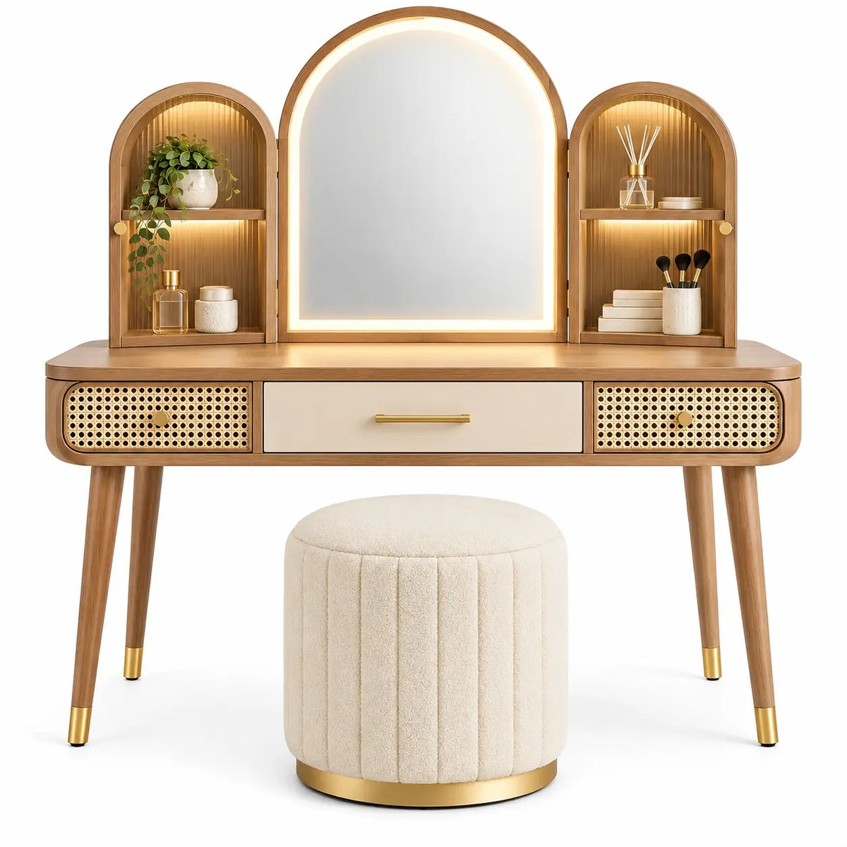 Coiffeuse beige et crème avec miroir arqué, niches et pouf assorti