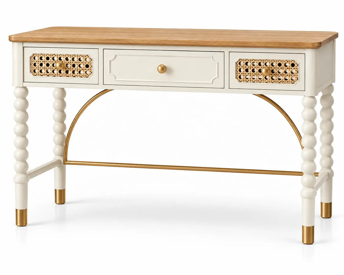 Console crème et beige à tiroirs ajourés et pieds torsadés