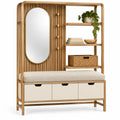 Meuble d'entrée beige avec miroir ovale, banc et trois tiroirs crème