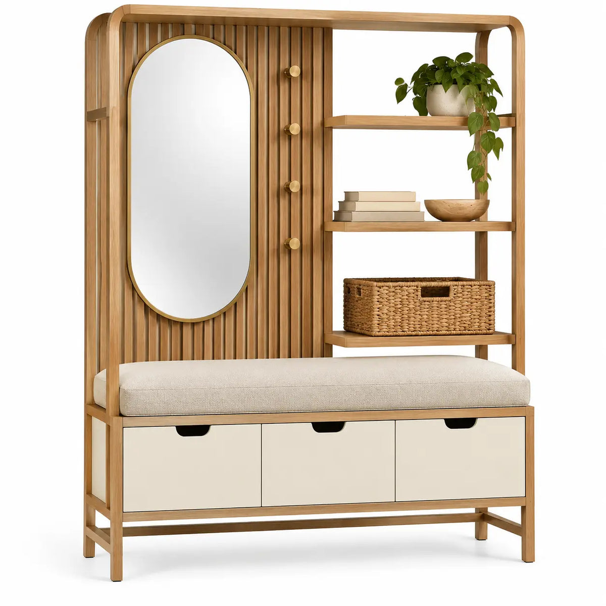 Meuble d'entrée beige avec miroir ovale, banc et trois tiroirs crème