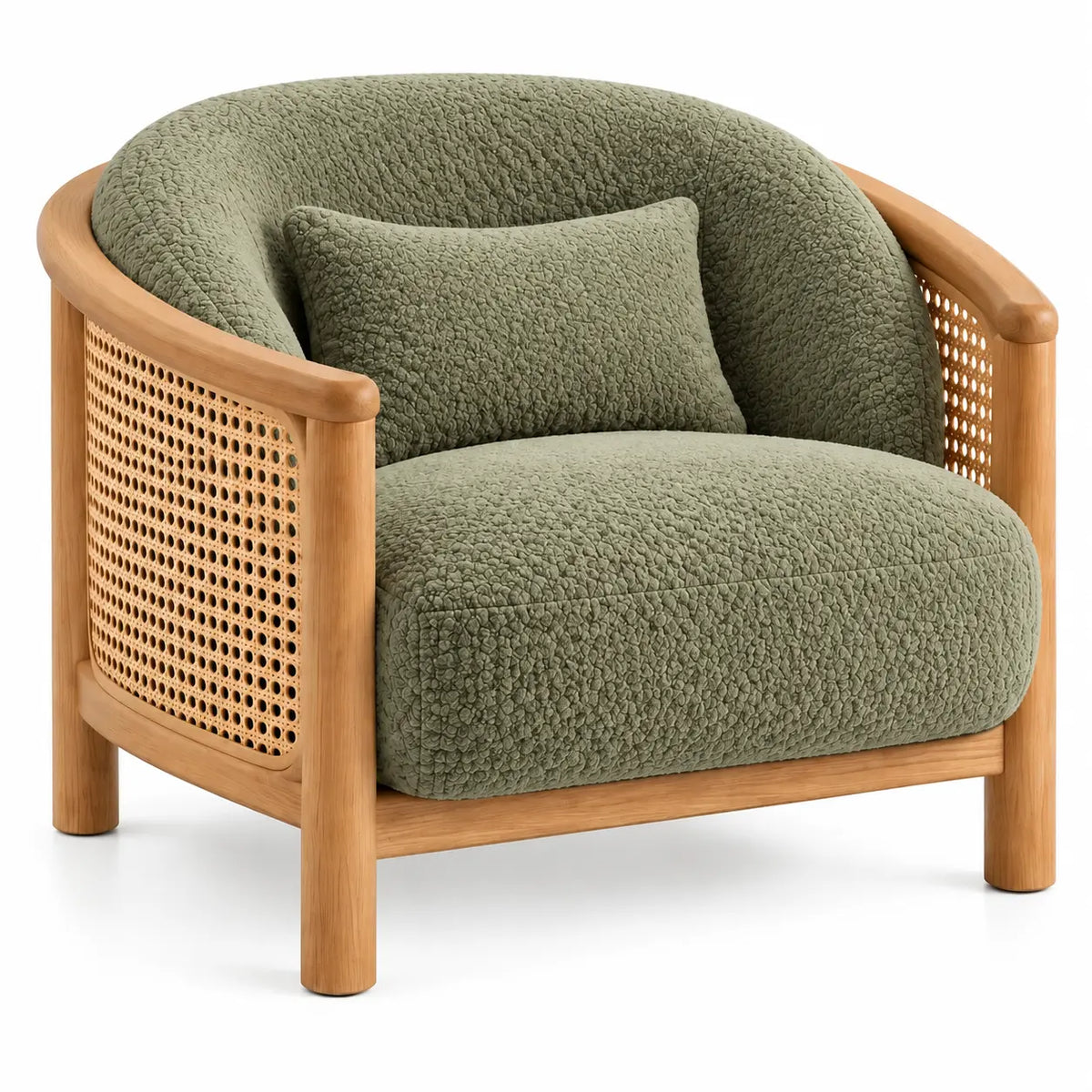 Fauteuil vert arrondi avec côtés tressés et pieds cylindriques beiges