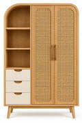 Armoire beige arrondie à portes tressées, étagères et trois tiroirs crème