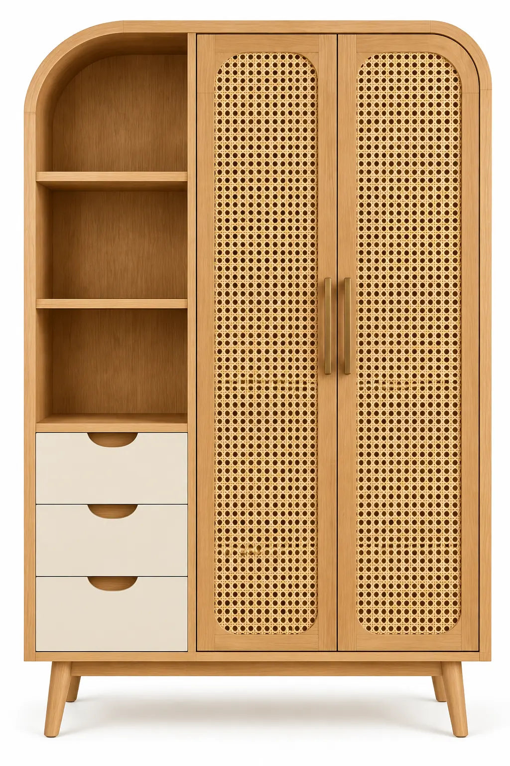 Armoire beige arrondie à portes tressées, étagères et trois tiroirs crème