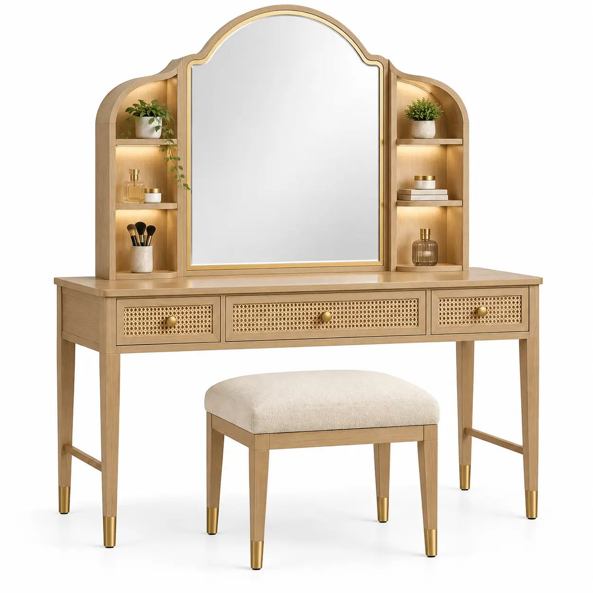 Coiffeuse beige avec miroir ondulé, niches et tabouret assorti