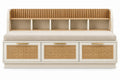 Banc crème et beige avec dossier à niches et trois rangements ajourés