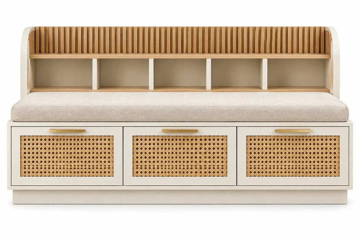 Banc crème et beige avec dossier à niches et trois rangements ajourés