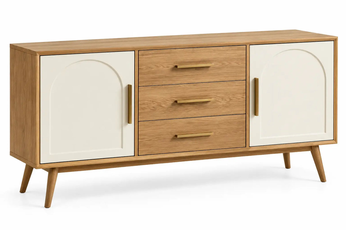 Buffet beige et crème à portes cintrées et trois tiroirs centraux