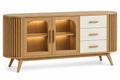 Buffet beige et crème à portes vitrées, trois tiroirs et côtés striés