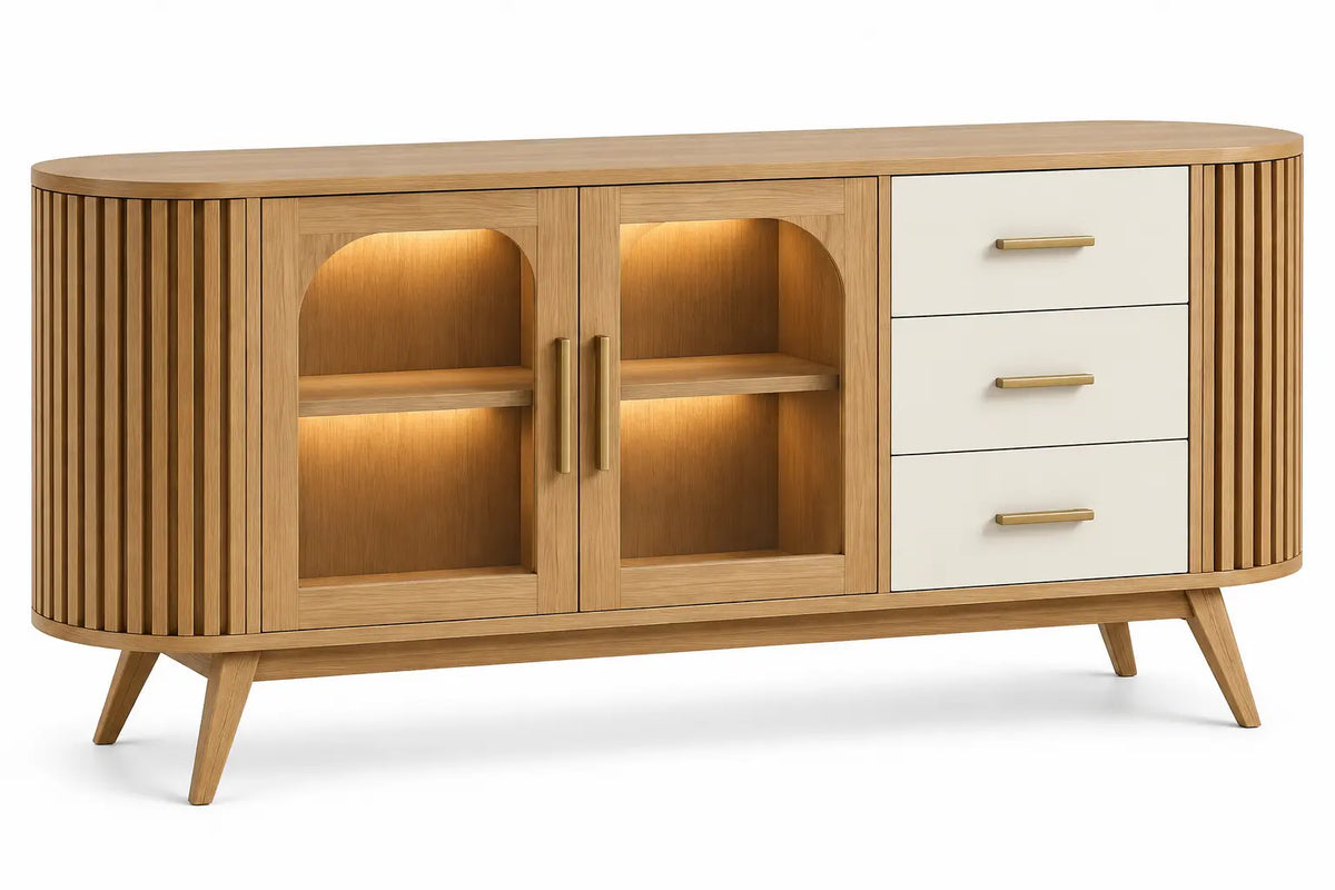Buffet beige et crème à portes vitrées, trois tiroirs et côtés striés