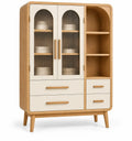Vitrine beige et crème à portes cintrées, niches et quatre tiroirs