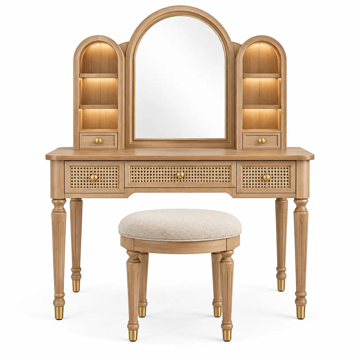 Coiffeuse beige à miroir arqué, tiroirs tressés et tabouret rond