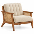 Fauteuil beige à dossier cannelé et accoudoirs tressés marron