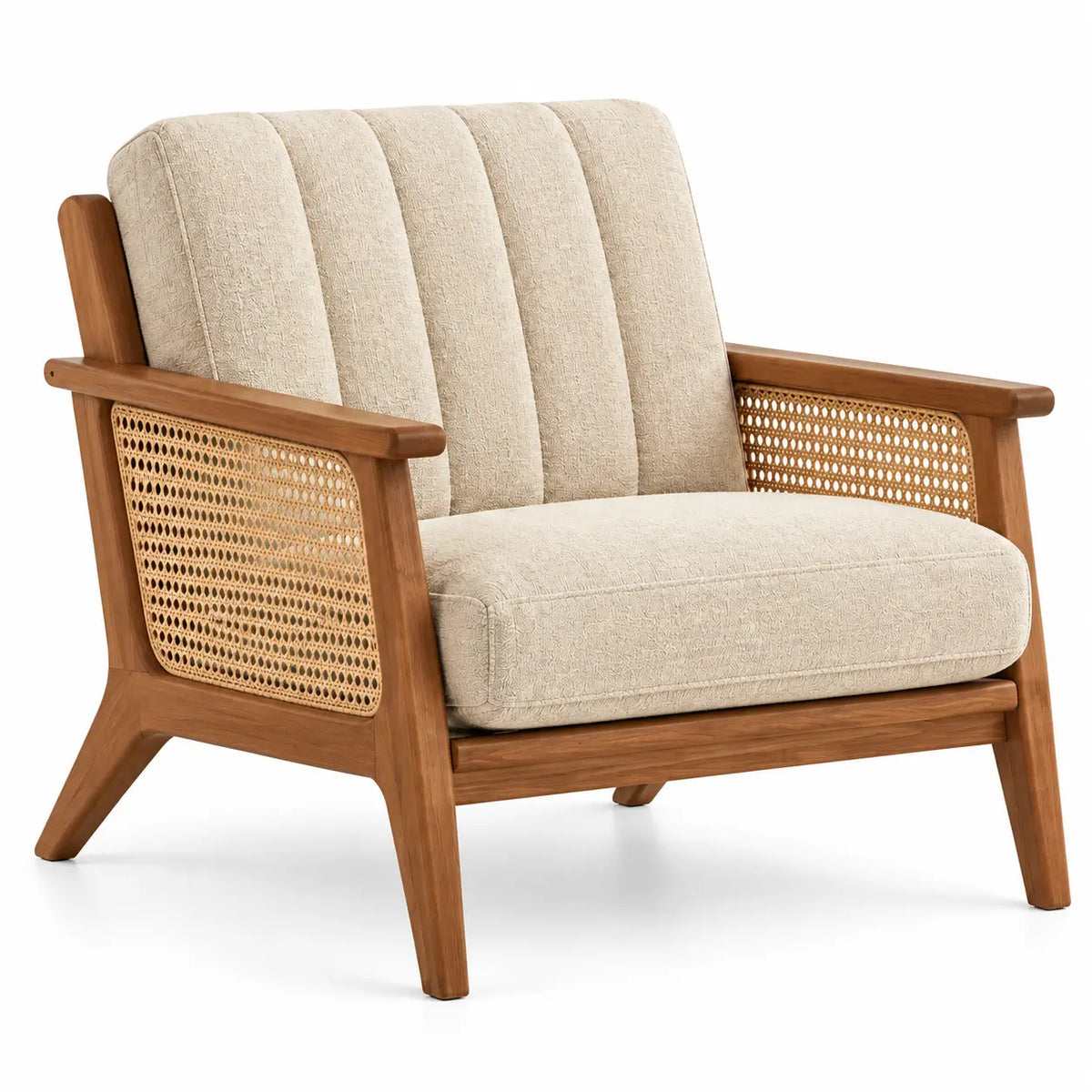 Fauteuil beige à dossier cannelé et accoudoirs tressés marron
