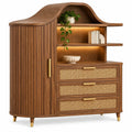 Meuble de rangement marron à porte striée, niches et trois tiroirs tressés
